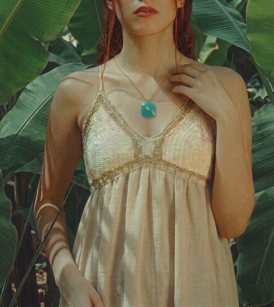 Pendentif amazonite et zircon sur chaine acier